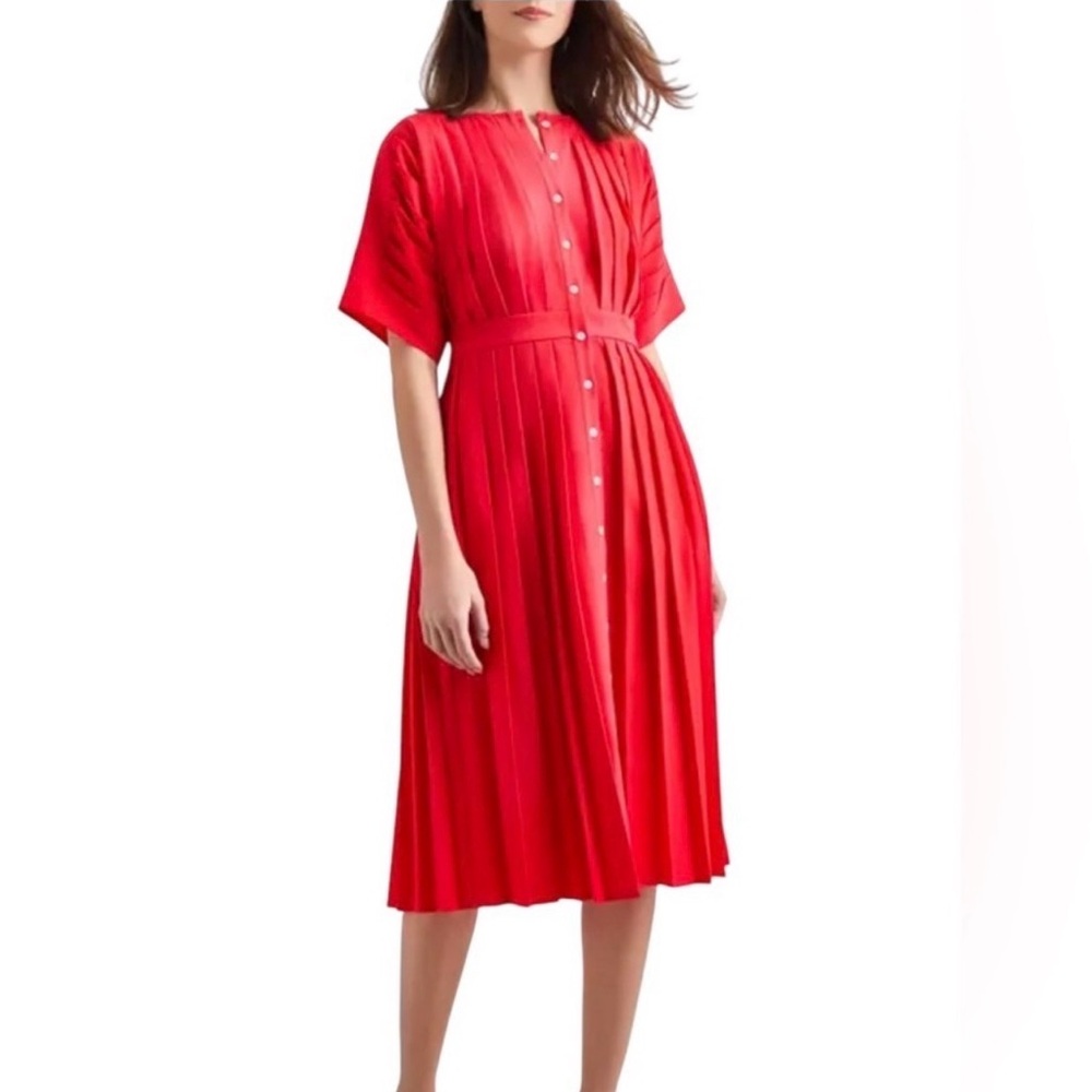 Misook Red Button Front Pleated Short Sleeve Midi Dress XS Pockets A-Line Fall